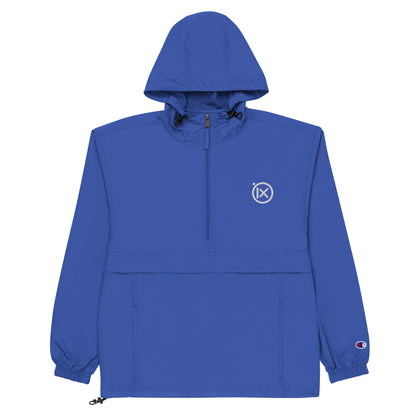 Hooded anorak windbreaker in royal blue with zip front and elastic cuffs