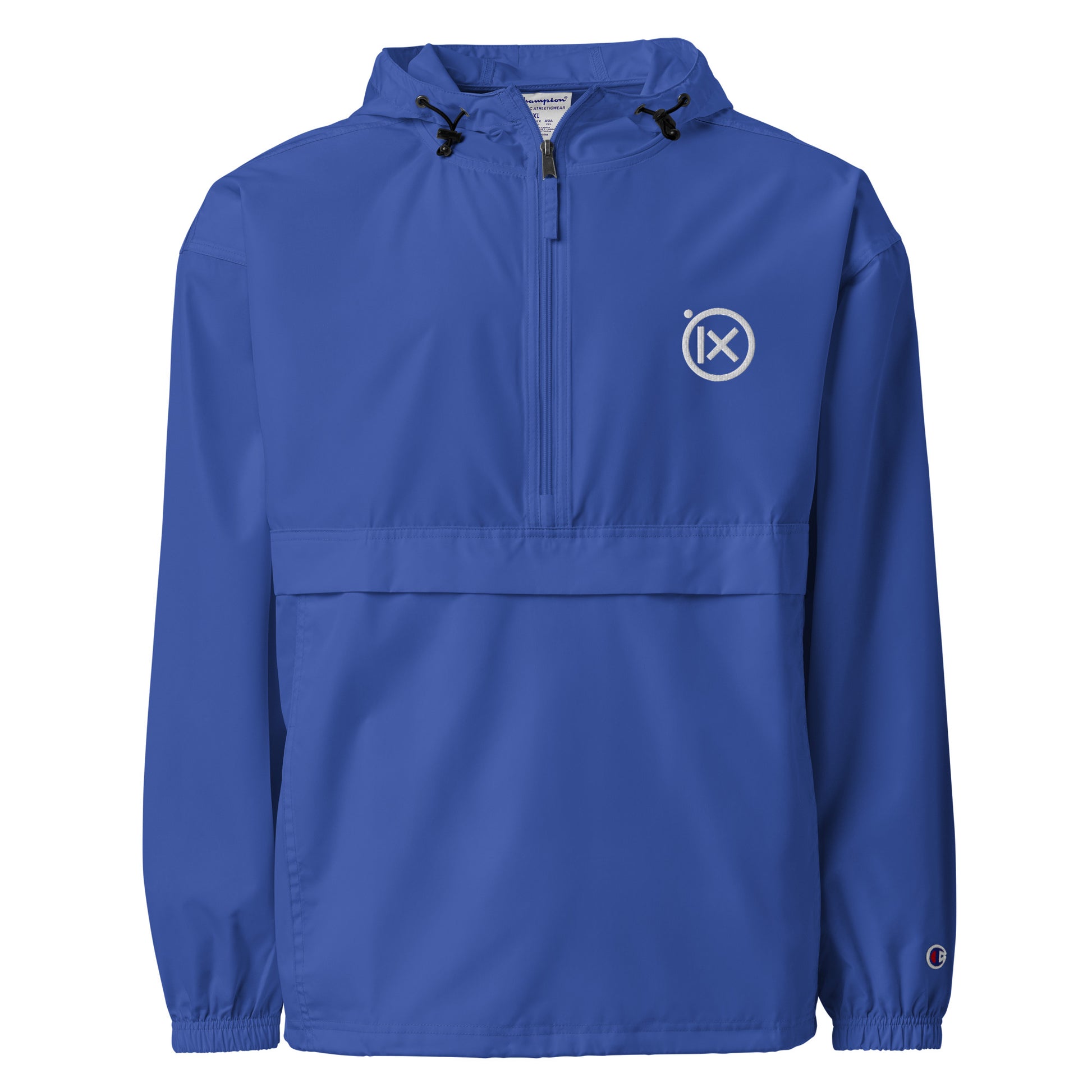 Royal blue anorak windbreaker with hood, quarter-zip, and ix logo patch at chest.