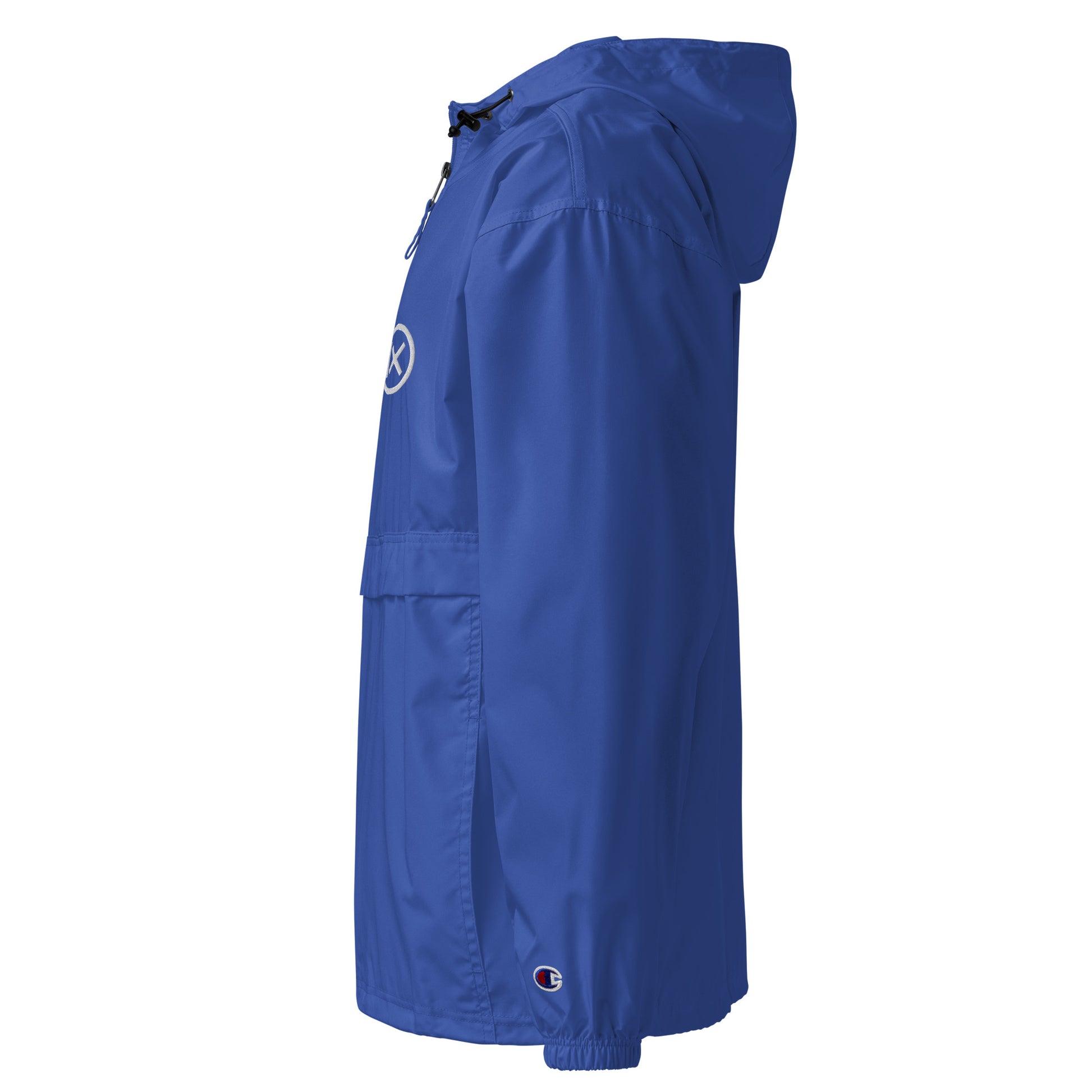 Blue anorak windbreaker with hood, half-zip front, and elastic cuff sleeves