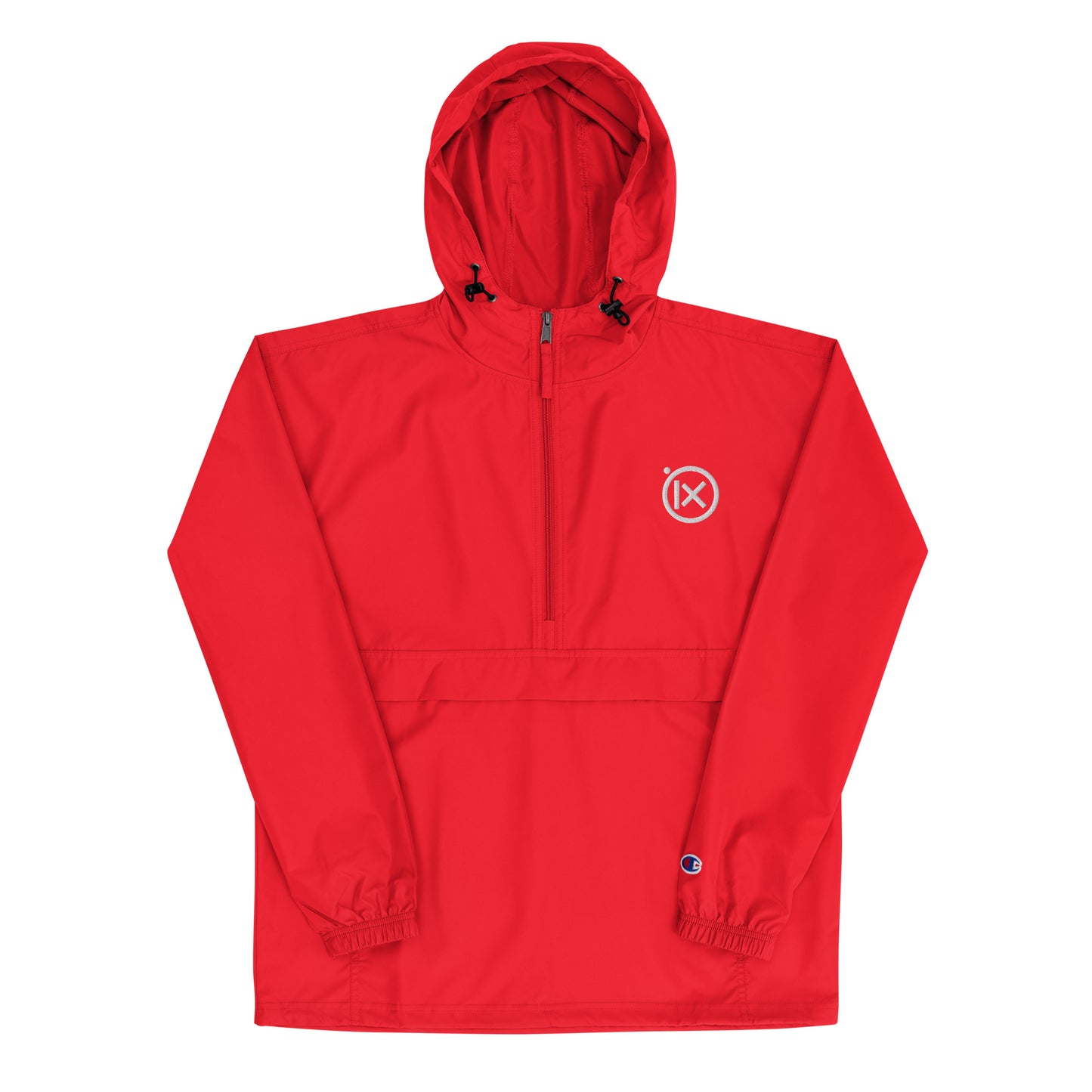 JEBO anorak windbreaker in red with hood, front zipper, and logo patch