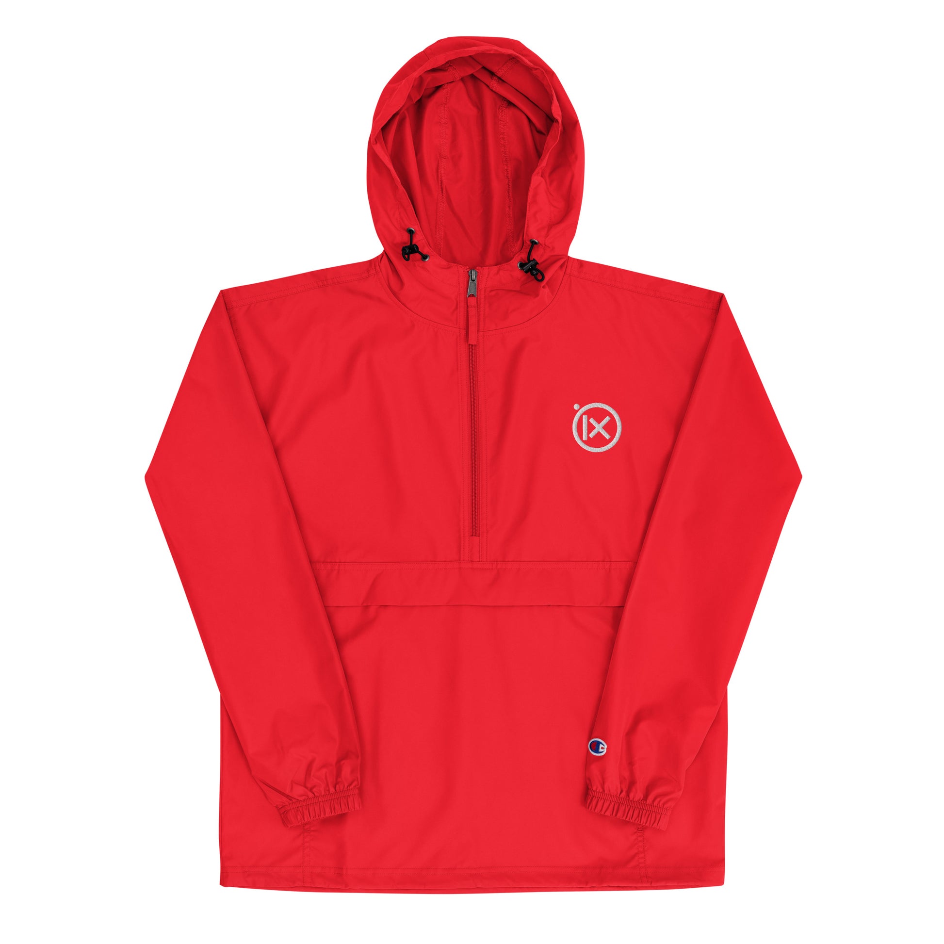 JEBO anorak windbreaker in red with hood, front zipper, and logo patch