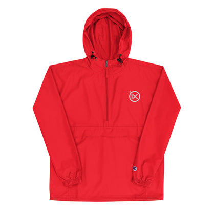 JEBO anorak windbreaker in red with hood, front zipper, and logo patch