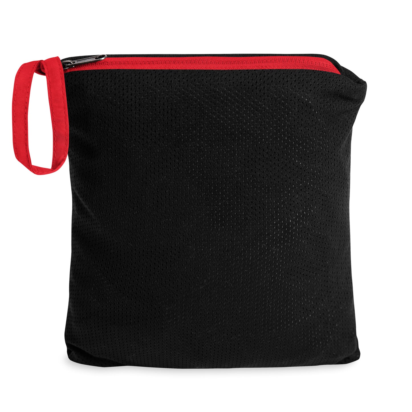 Red anorak windbreaker with hood, front zipper, and side pocket pouch