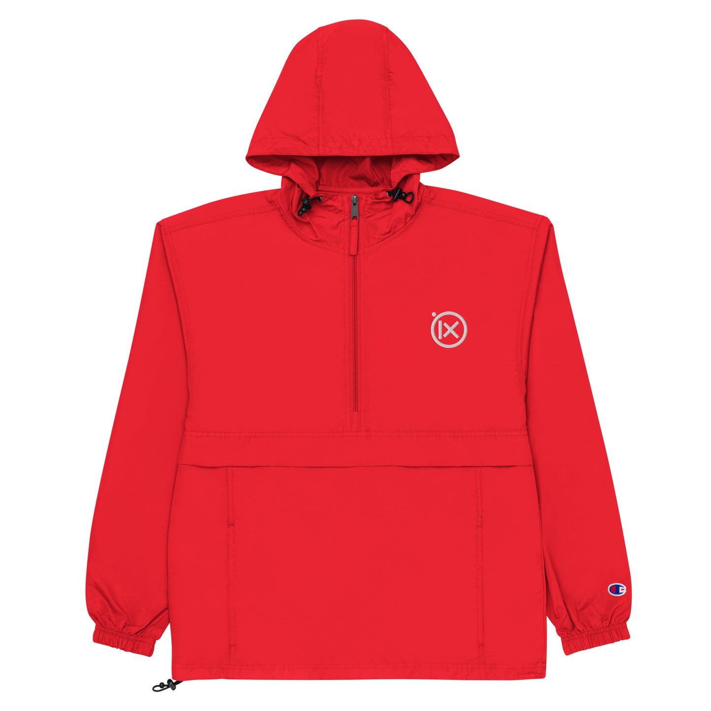 Hooded anorak windbreaker in red with zip front and elastic cuffs