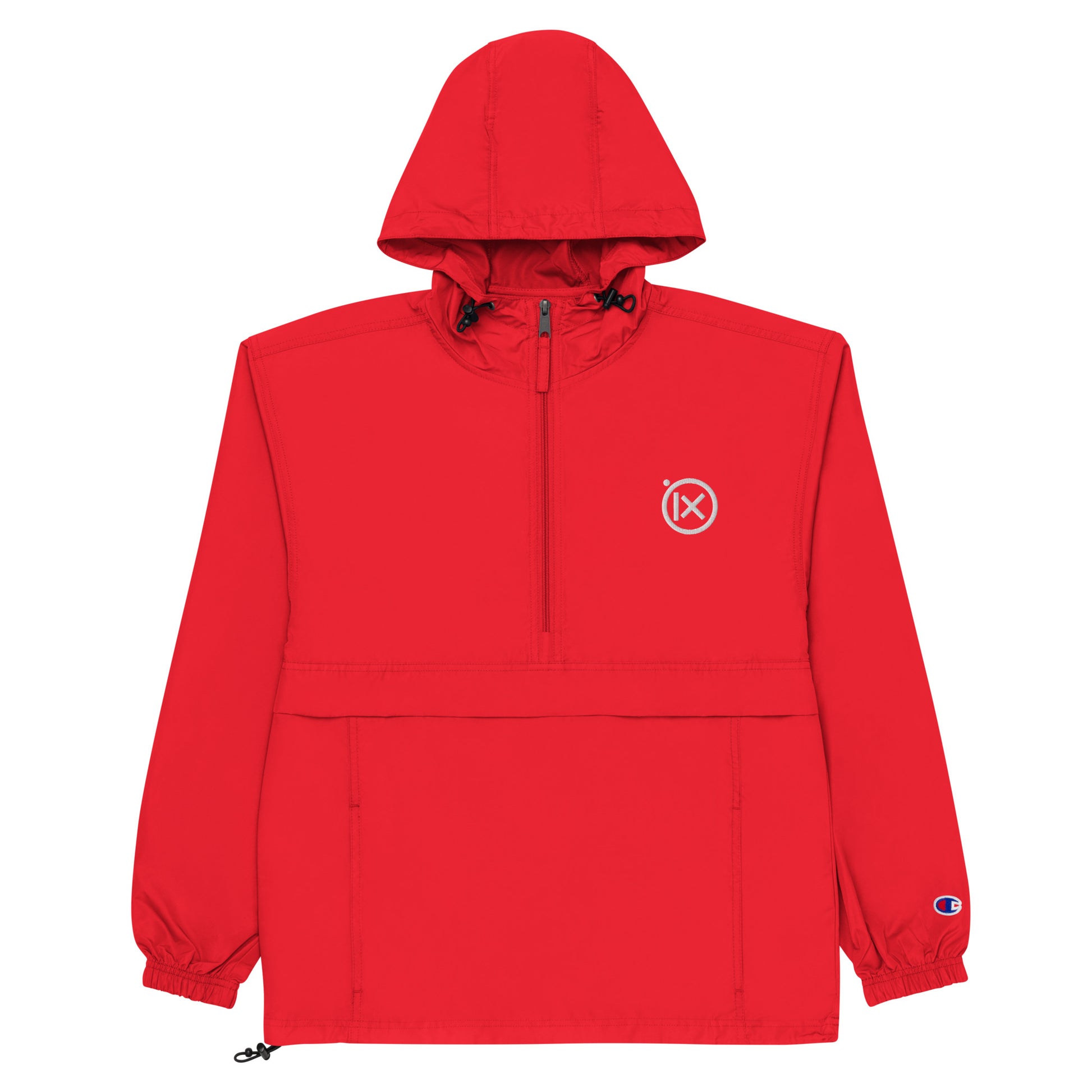 Hooded anorak windbreaker in red with zip front and elastic cuffs