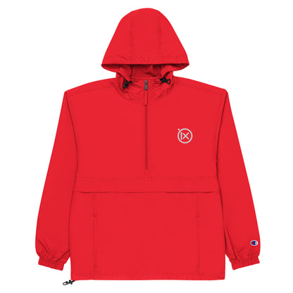 Hooded anorak windbreaker in red with zip front and elastic cuffs