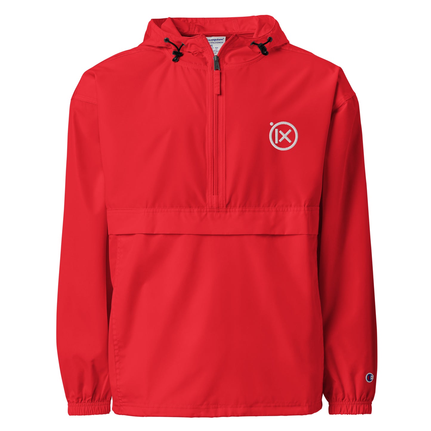 Scarlet red anorak windbreaker with hood, quarter-zip, and ix logo patch at chest.