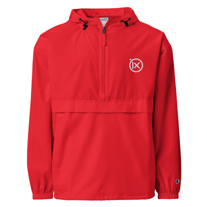 Scarlet red anorak windbreaker with hood, quarter-zip, and ix logo patch at chest.