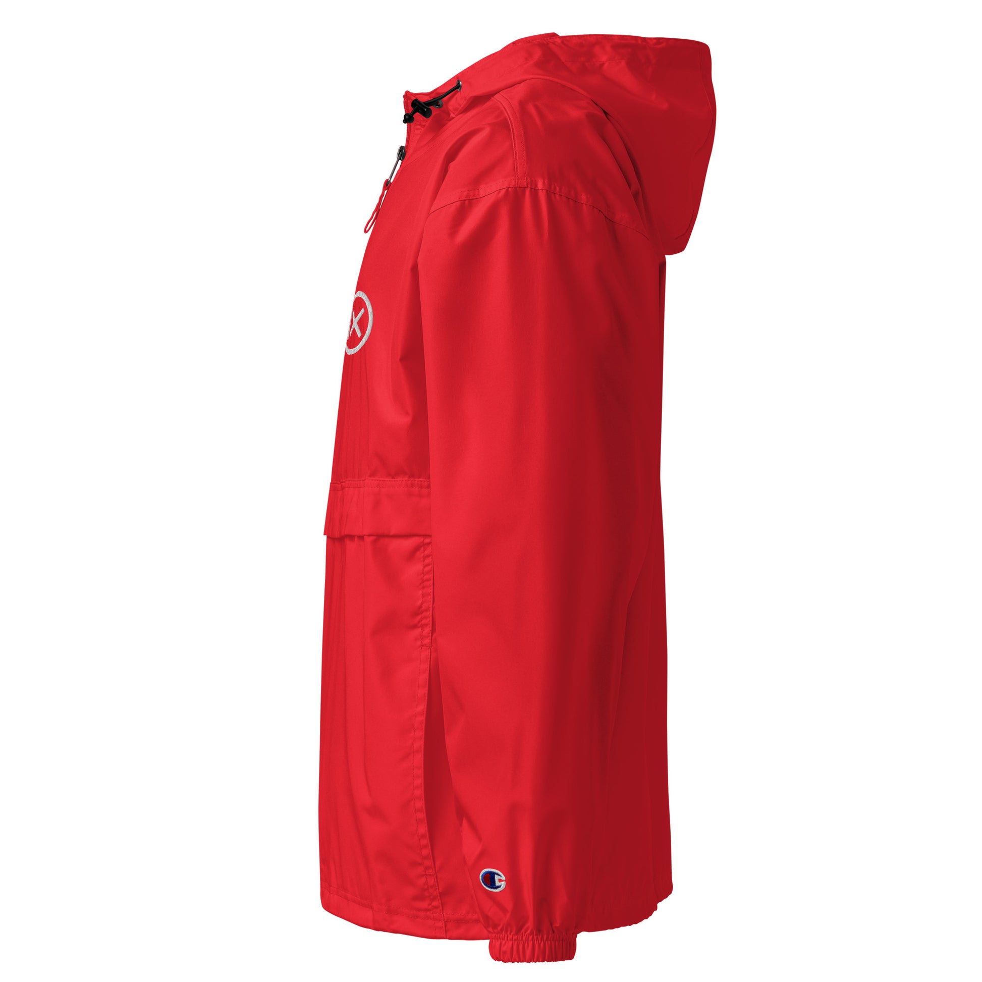 Scarlet red anorak windbreaker shown from the side with hood and small sleeve logo.