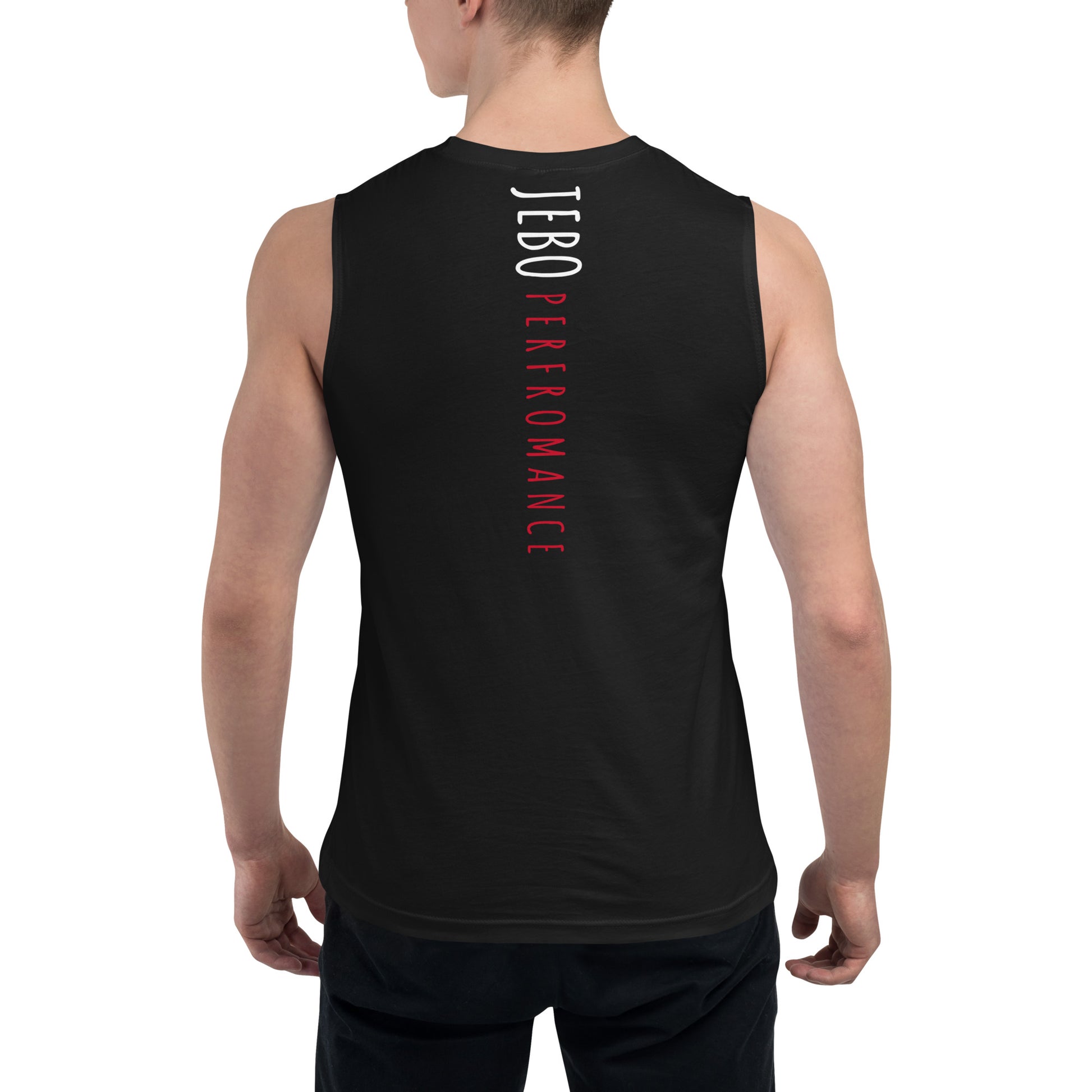 Black sleeveless muscle shirt with back vertical 'JEBO PERFORMANCE' text