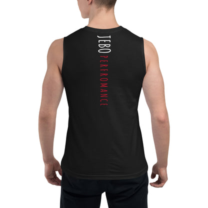 Black sleeveless muscle shirt with back vertical 'JEBO PERFORMANCE' text