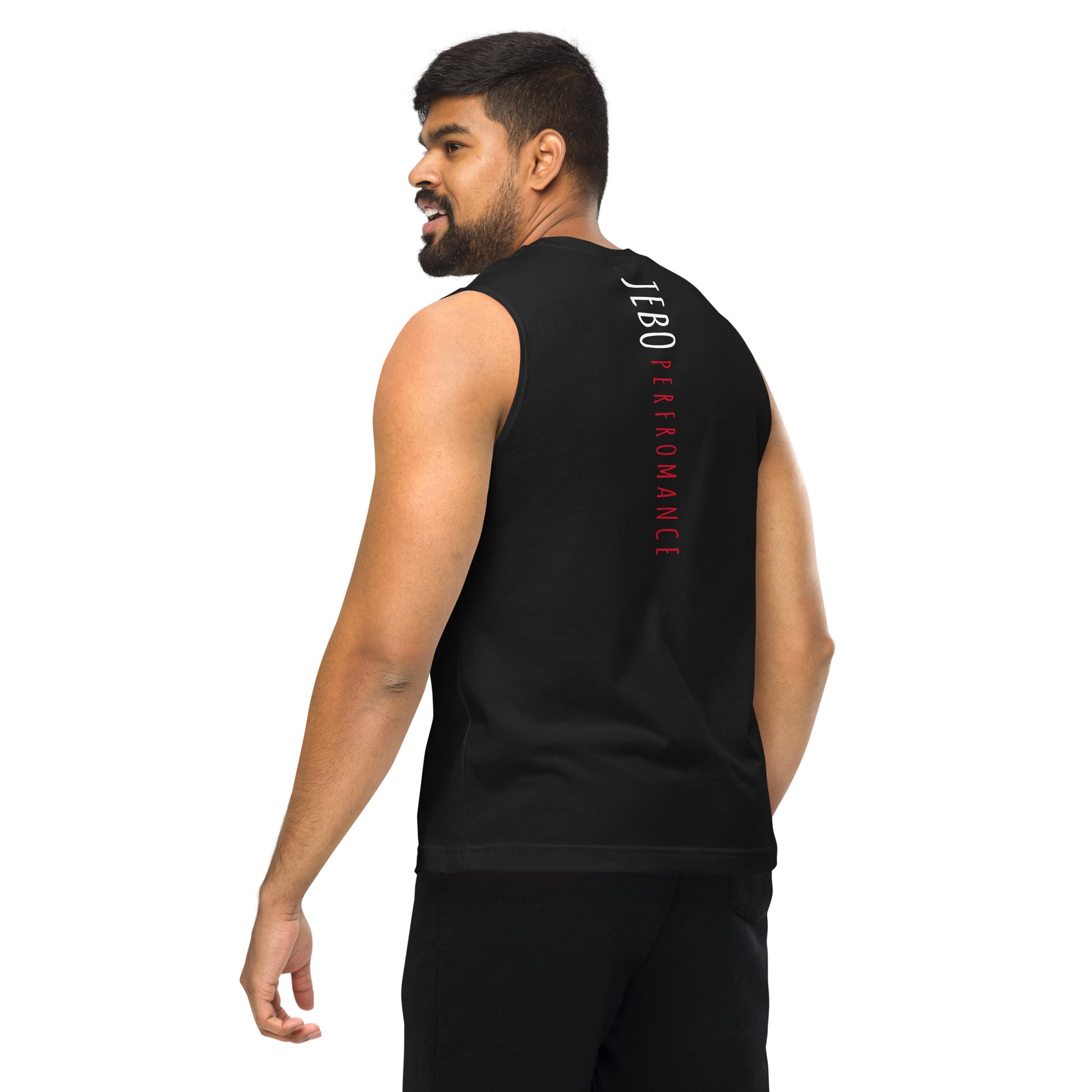 Black sleeveless muscle shirt on model, back vertical 'JEBO PERFORMANCE' text
