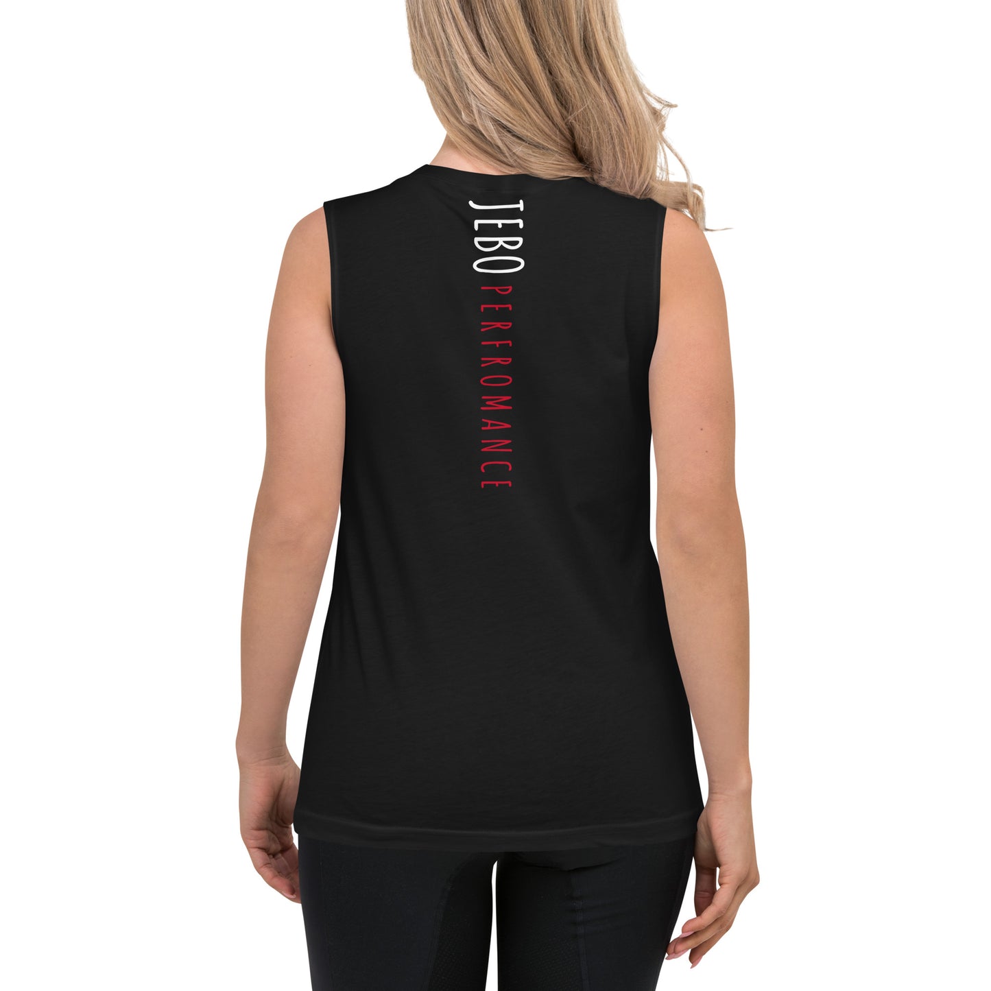 Black sleeveless muscle shirt, back vertical 'JEBO PERFORMANCE' text