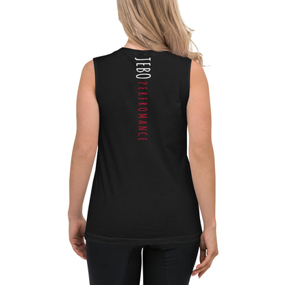 Black sleeveless muscle shirt, back vertical 'JEBO PERFORMANCE' text