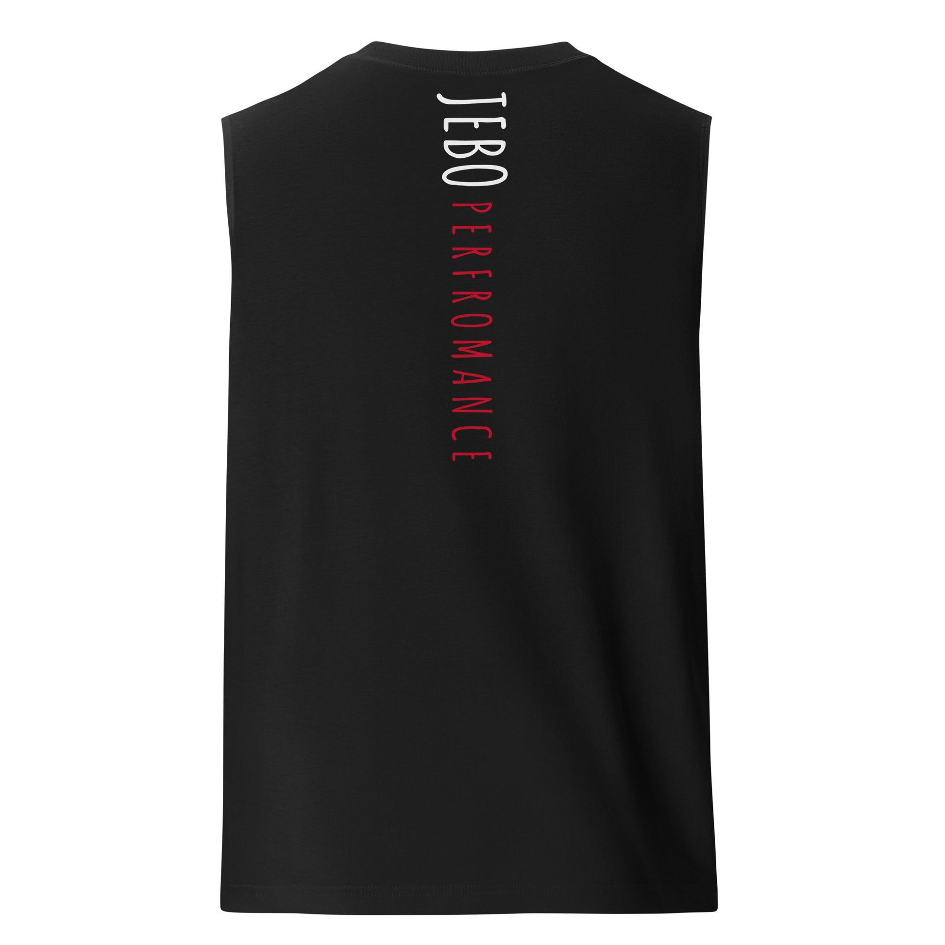 Black performance muscle tank with crew neck and vertical back typography print