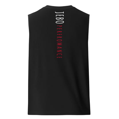 Black performance muscle tank with crew neck and vertical back typography print