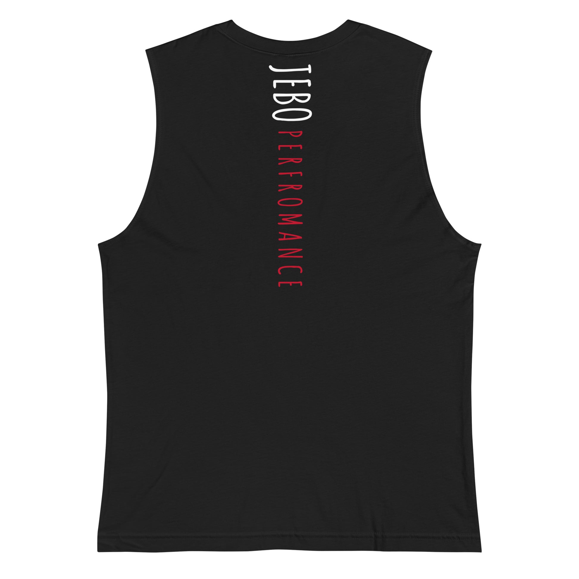 Black sleeveless muscle shirt with white/red vertical 'JEBO PERFORMANCE' text