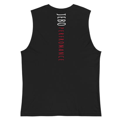 Black sleeveless muscle shirt with white/red vertical 'JEBO PERFORMANCE' text
