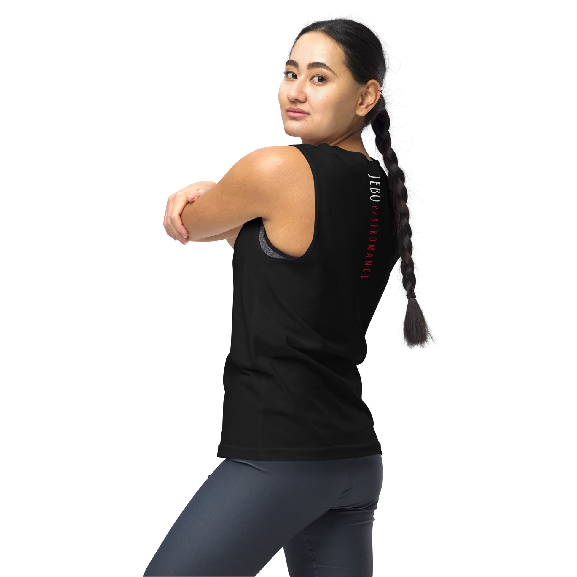 Black sleeveless muscle shirt on model, back vertical 'JEBO PERFORMANCE' text