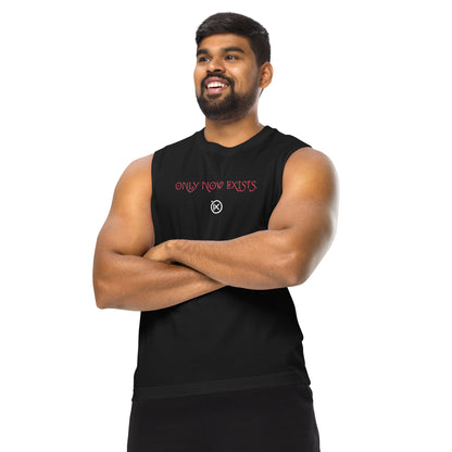 Black performance muscle shirt on model, red 'ONLY NOW EXISTS' front graphic