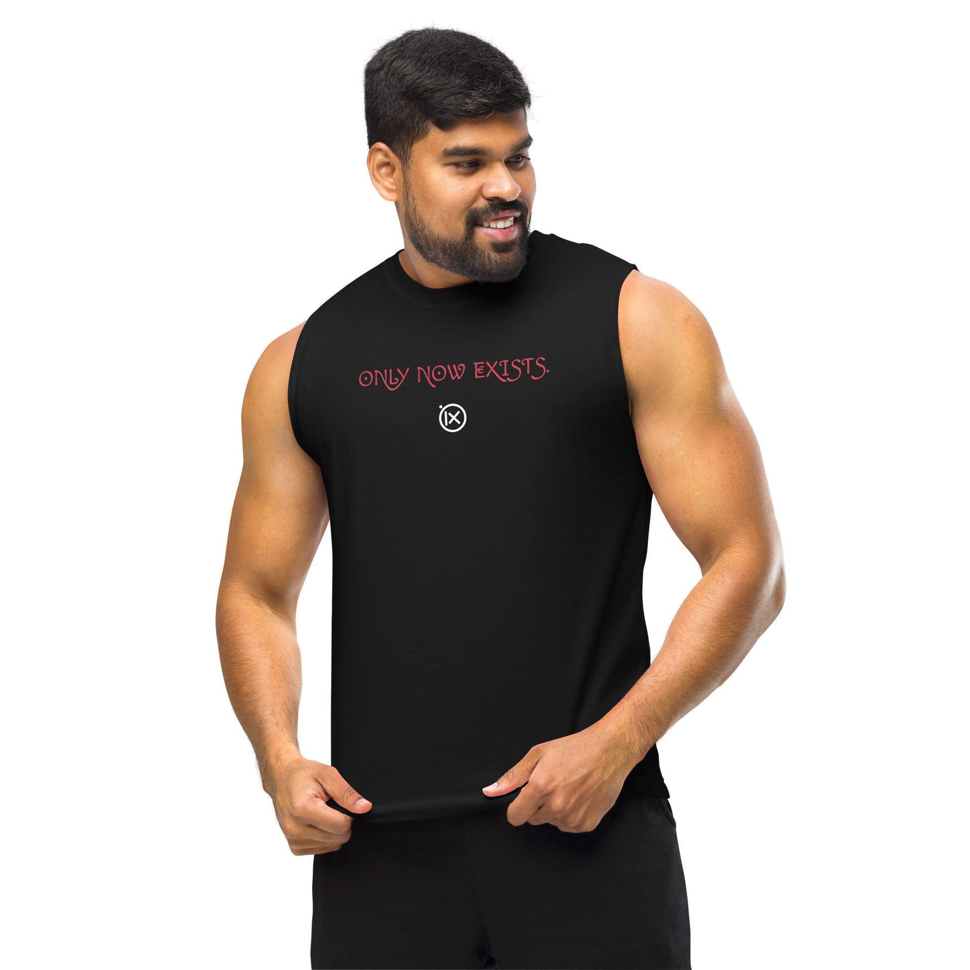 Black sleeveless performance muscle shirt with red chest text graphic