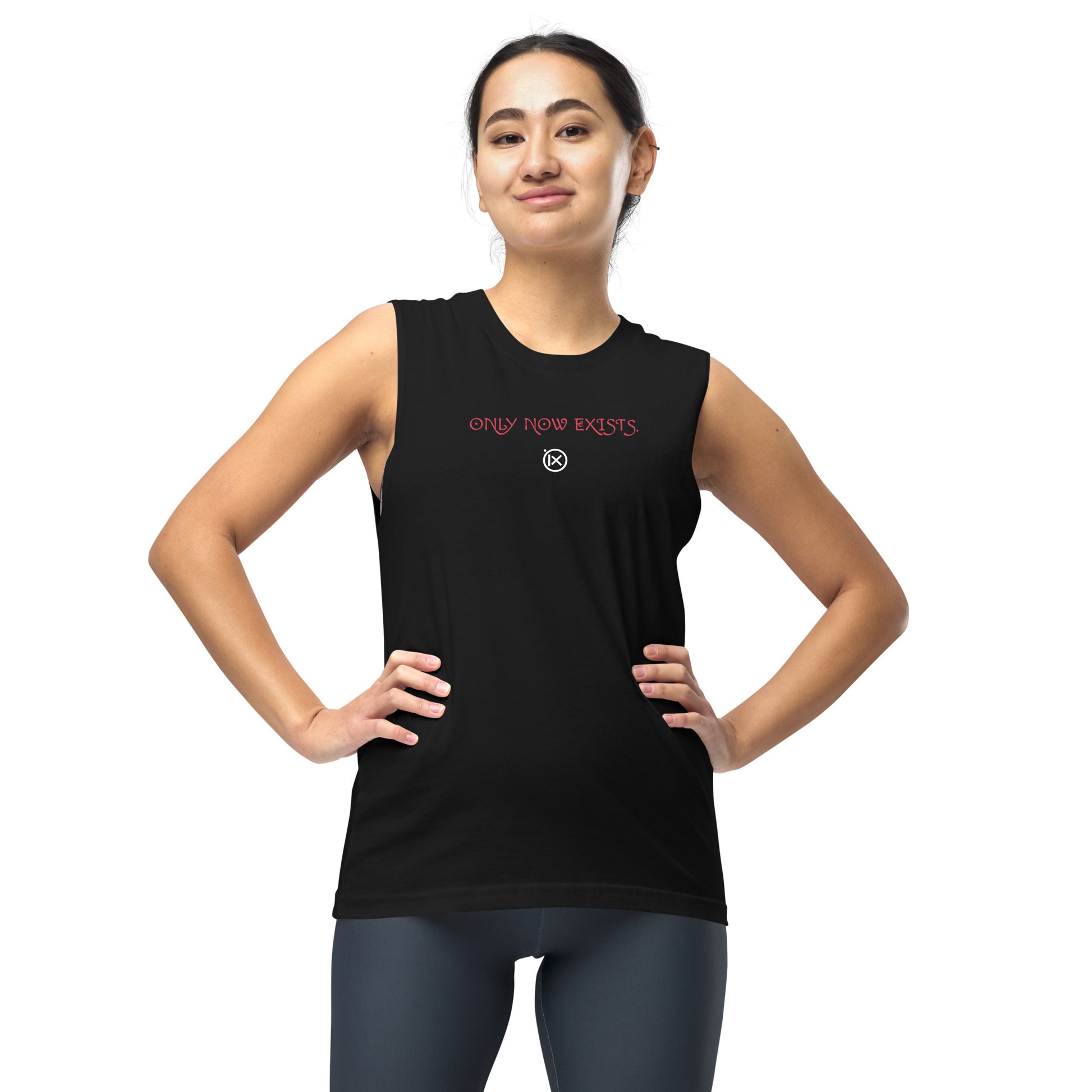 Black performance muscle tank with crew neck and red 'ONLY NOW EXISTS' print