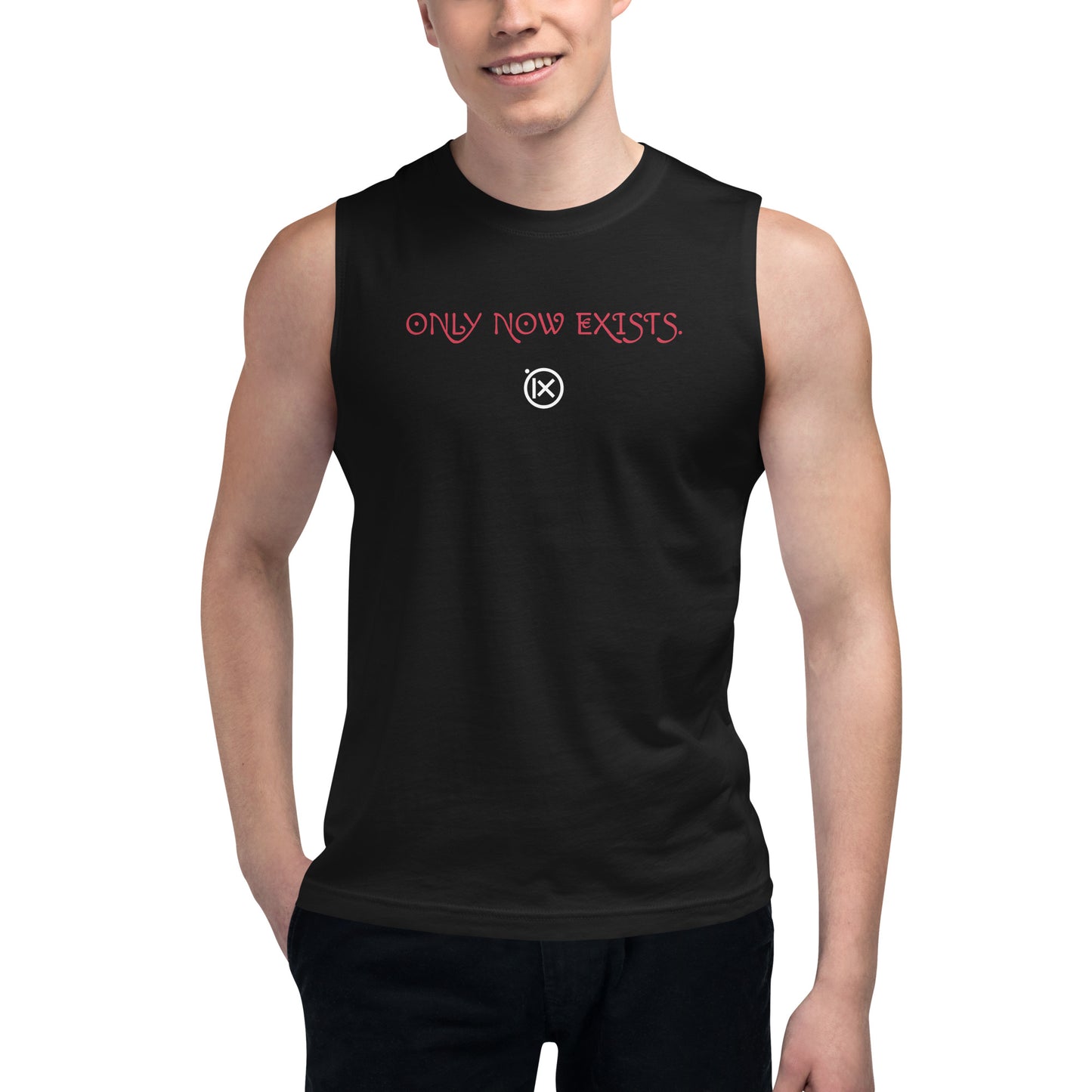 Black sleeveless muscle shirt with red 'ONLY NOW EXISTS' front graphic