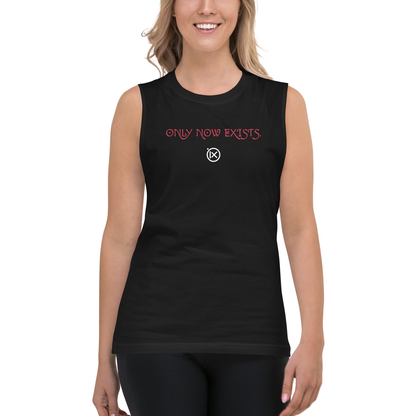 Black sleeveless performance muscle shirt with red 'ONLY NOW EXISTS' front print