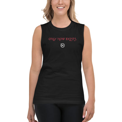 Black sleeveless performance muscle shirt with red 'ONLY NOW EXISTS' front print