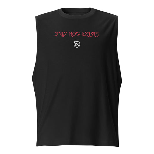 Black performance muscle tank with crew neck and red 'ONLY NOW EXISTS' chest print