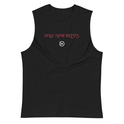 Black performance muscle tank with crew neck and red 'ONLY NOW EXISTS' graphic