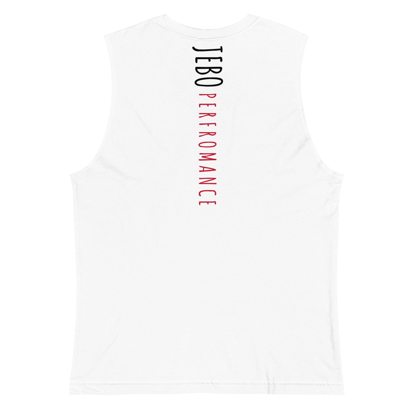White sleeveless muscle shirt with crew neck and red vertical back graphic