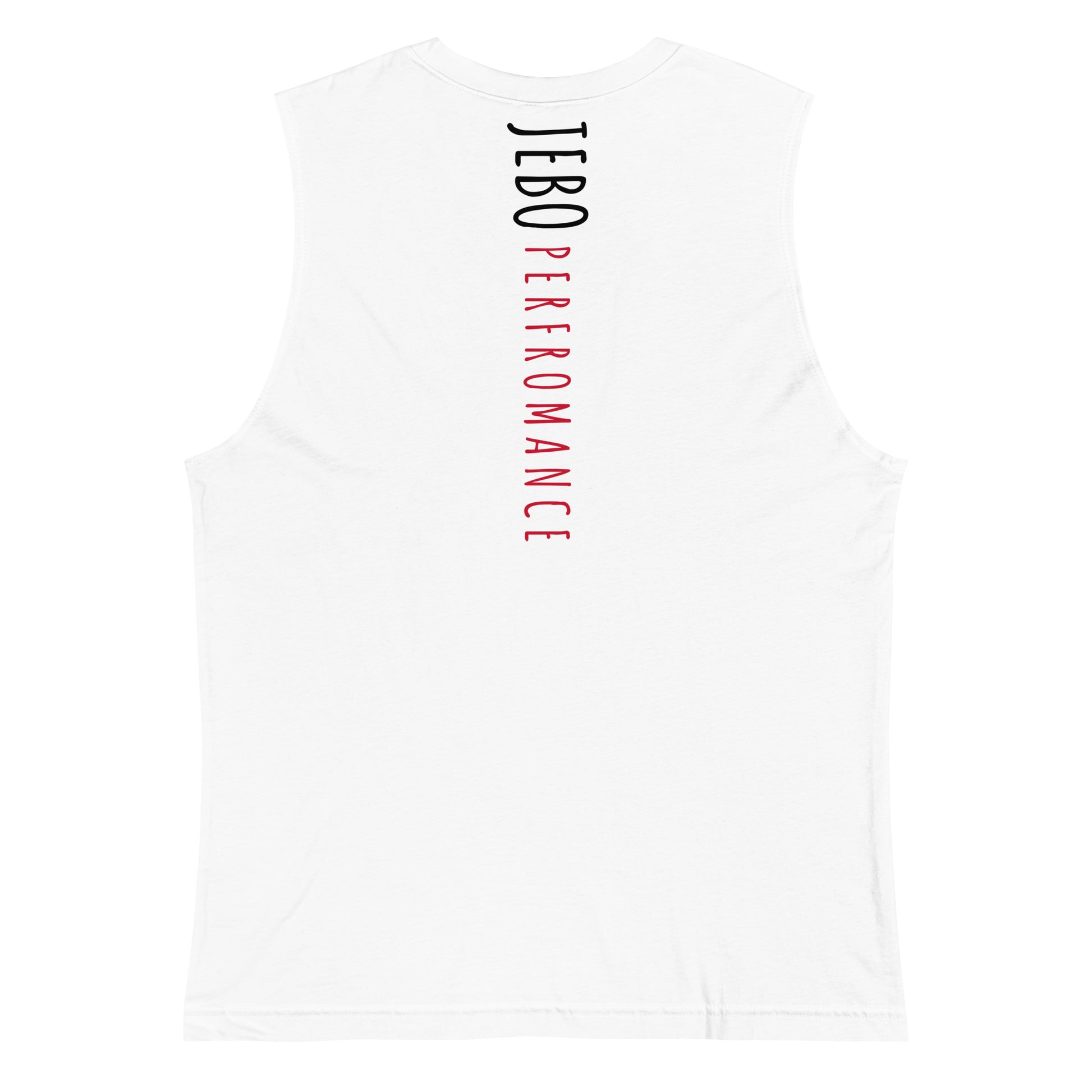 White sleeveless muscle shirt with crew neck and red vertical back graphic
