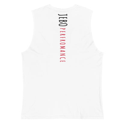 White sleeveless muscle shirt with crew neck and red vertical back graphic