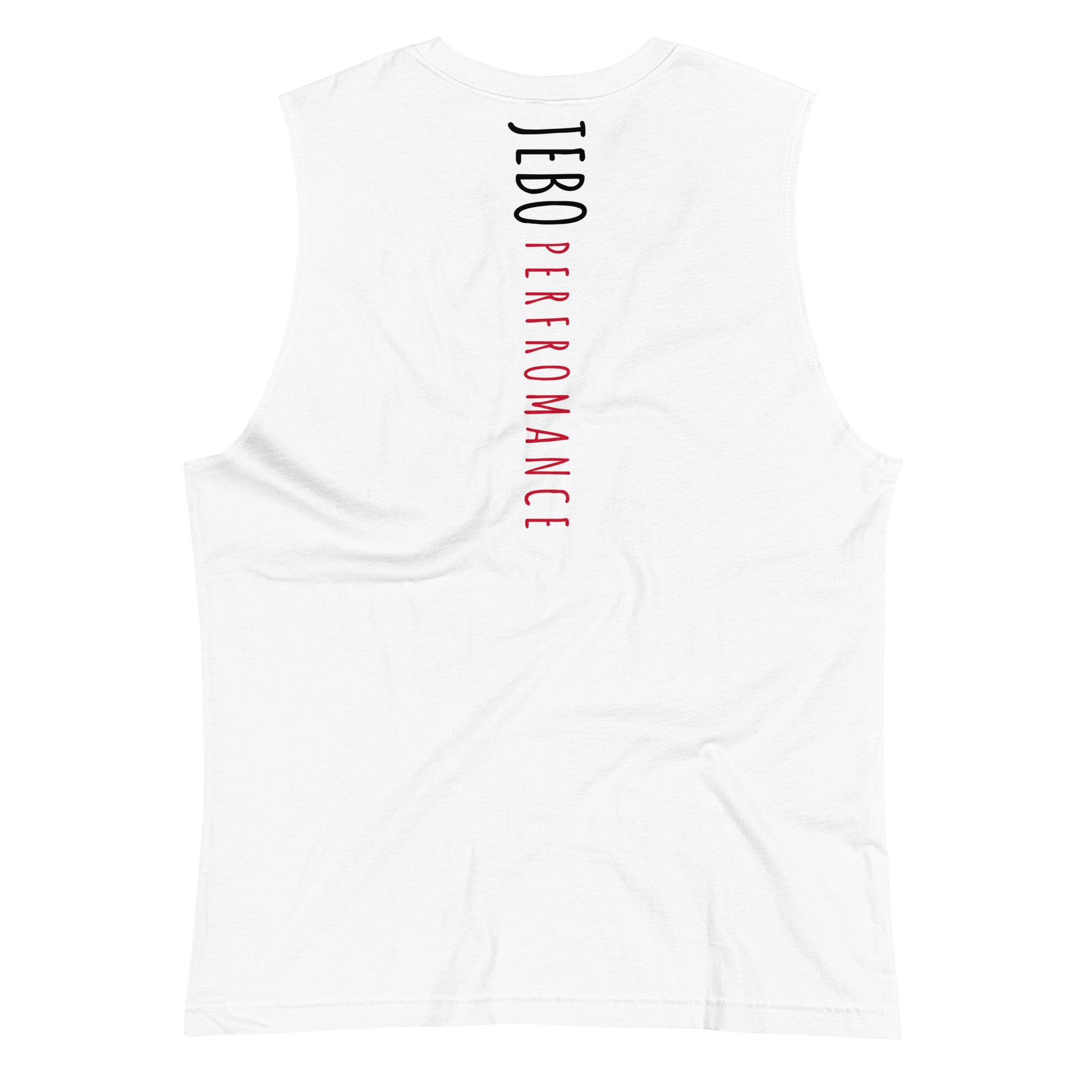 White muscle shirt, back graphic with vertical black and red lettering
