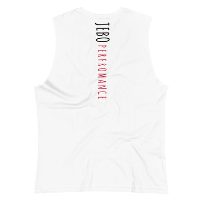 White muscle shirt, back graphic with vertical black and red lettering