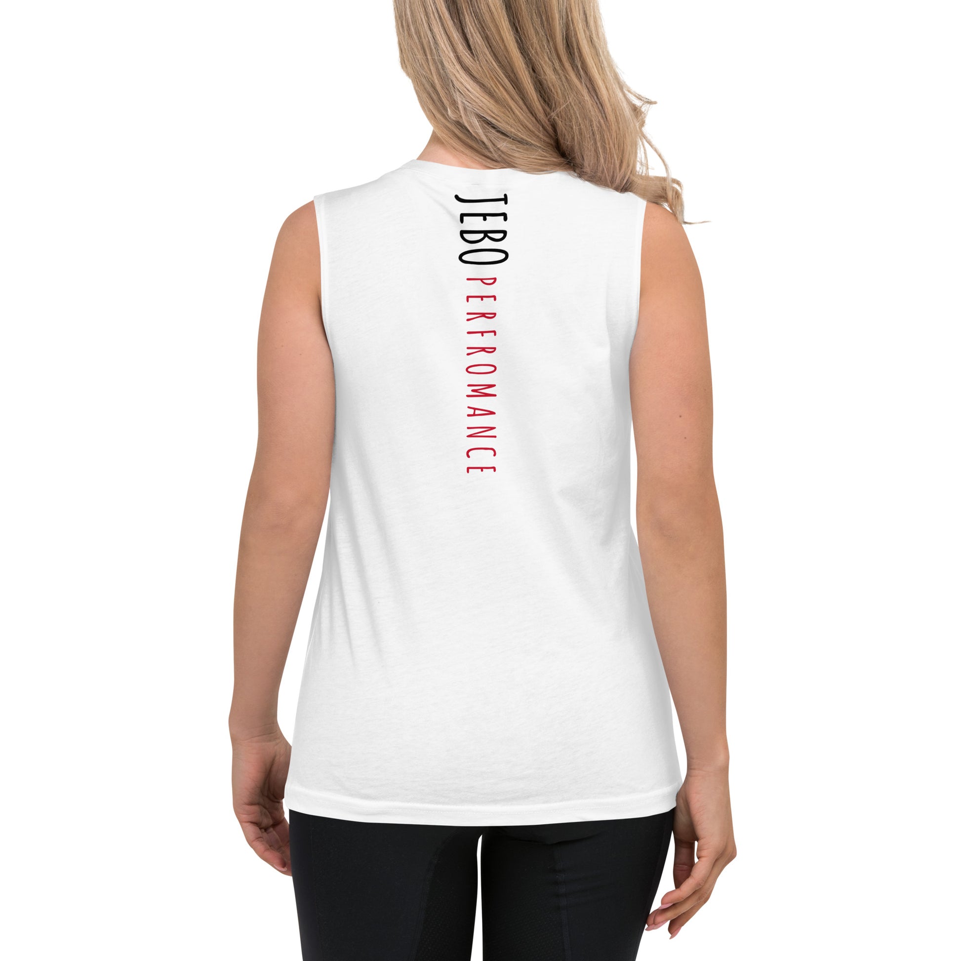 White sleeveless muscle shirt with crew neck and vertical back text