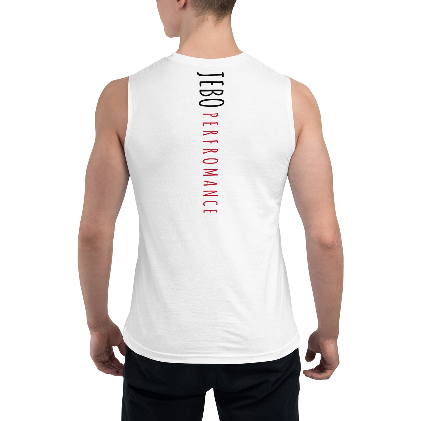 White muscle shirt, back view with vertical black/red text, sleeveless crewneck