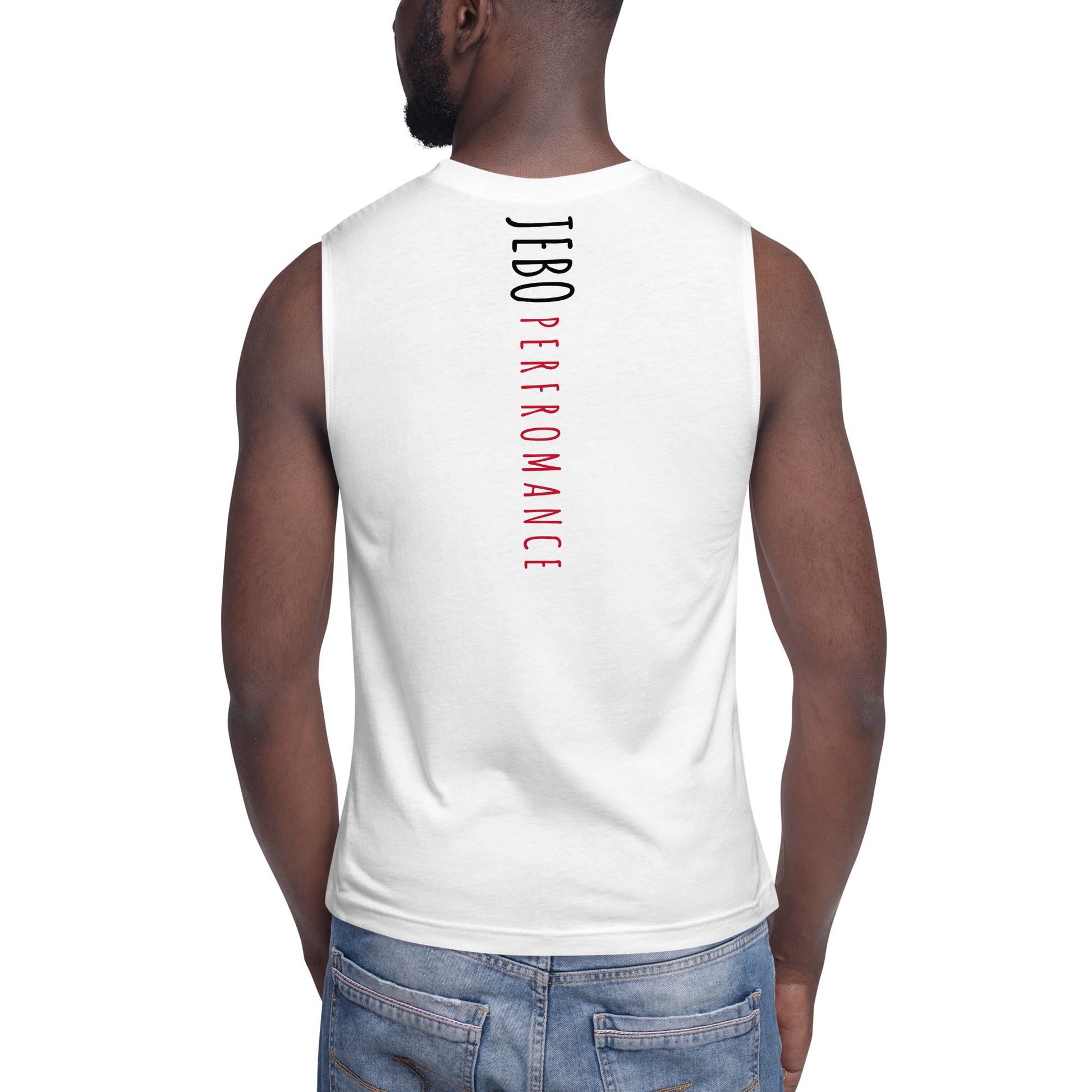 White muscle shirt, back graphic text (black/red), sleeveless crewneck