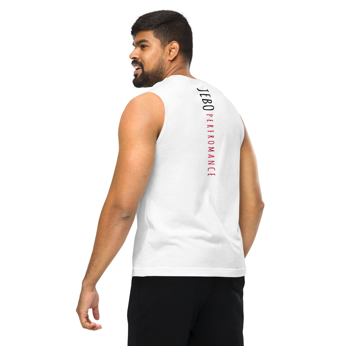 White sleeveless muscle shirt with vertical back text and crew neck