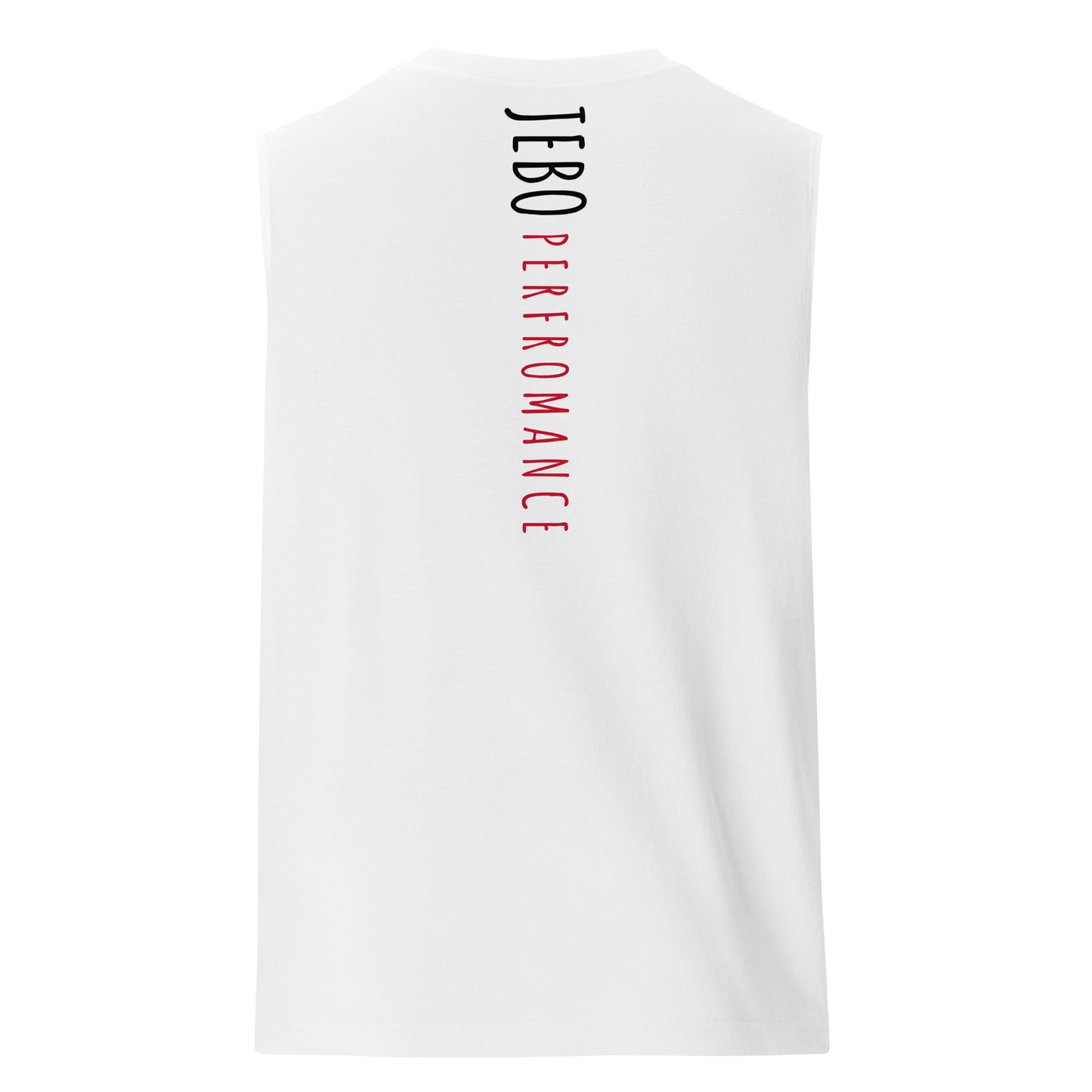 White sleeveless muscle shirt with crew neck and vertical back text