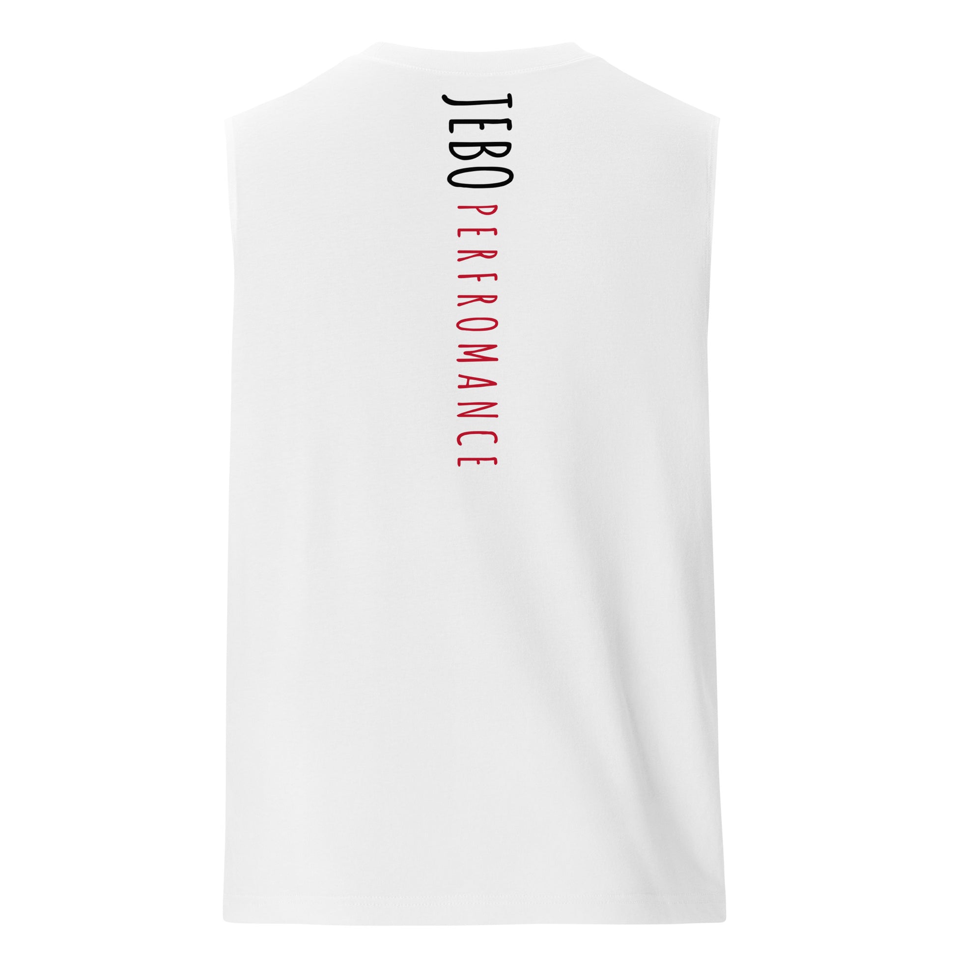 White sleeveless muscle shirt with crew neck and vertical back text