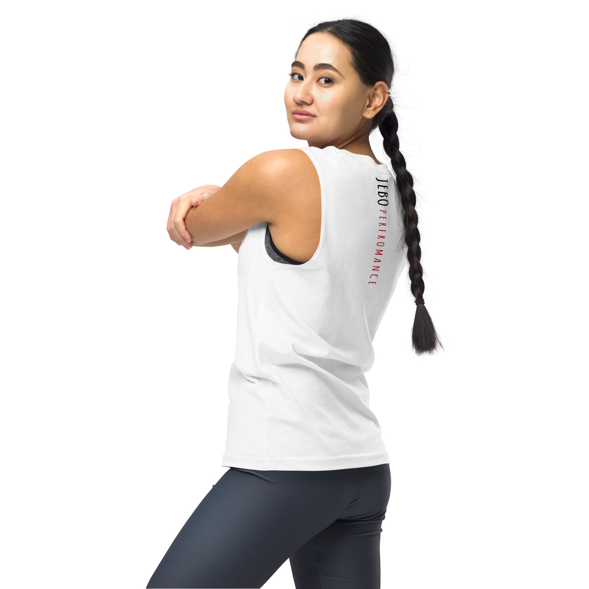 White sleeveless muscle shirt with vertical back text and crew neck