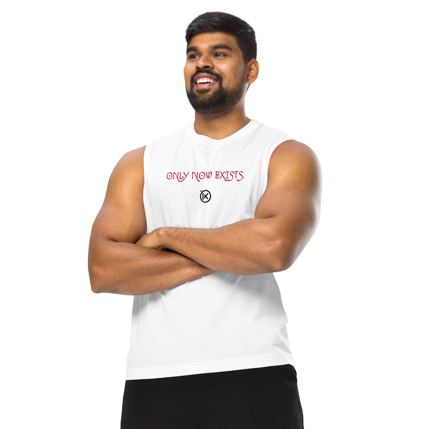 White sleeveless muscle shirt with centered red slogan text