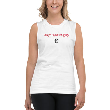 White sleeveless muscle shirt with red front slogan and small circular logo