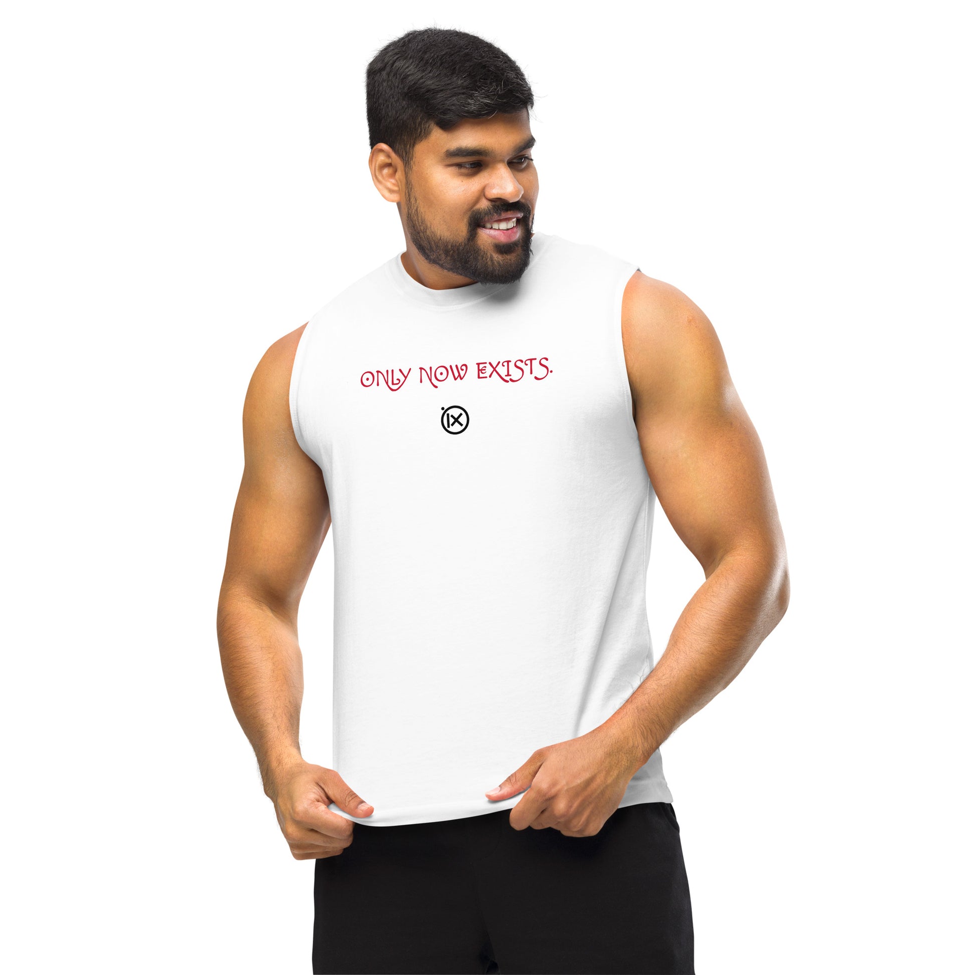 White sleeveless muscle shirt with red front slogan and small circular logo