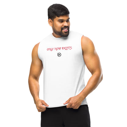White sleeveless muscle shirt with red front slogan and small circular logo