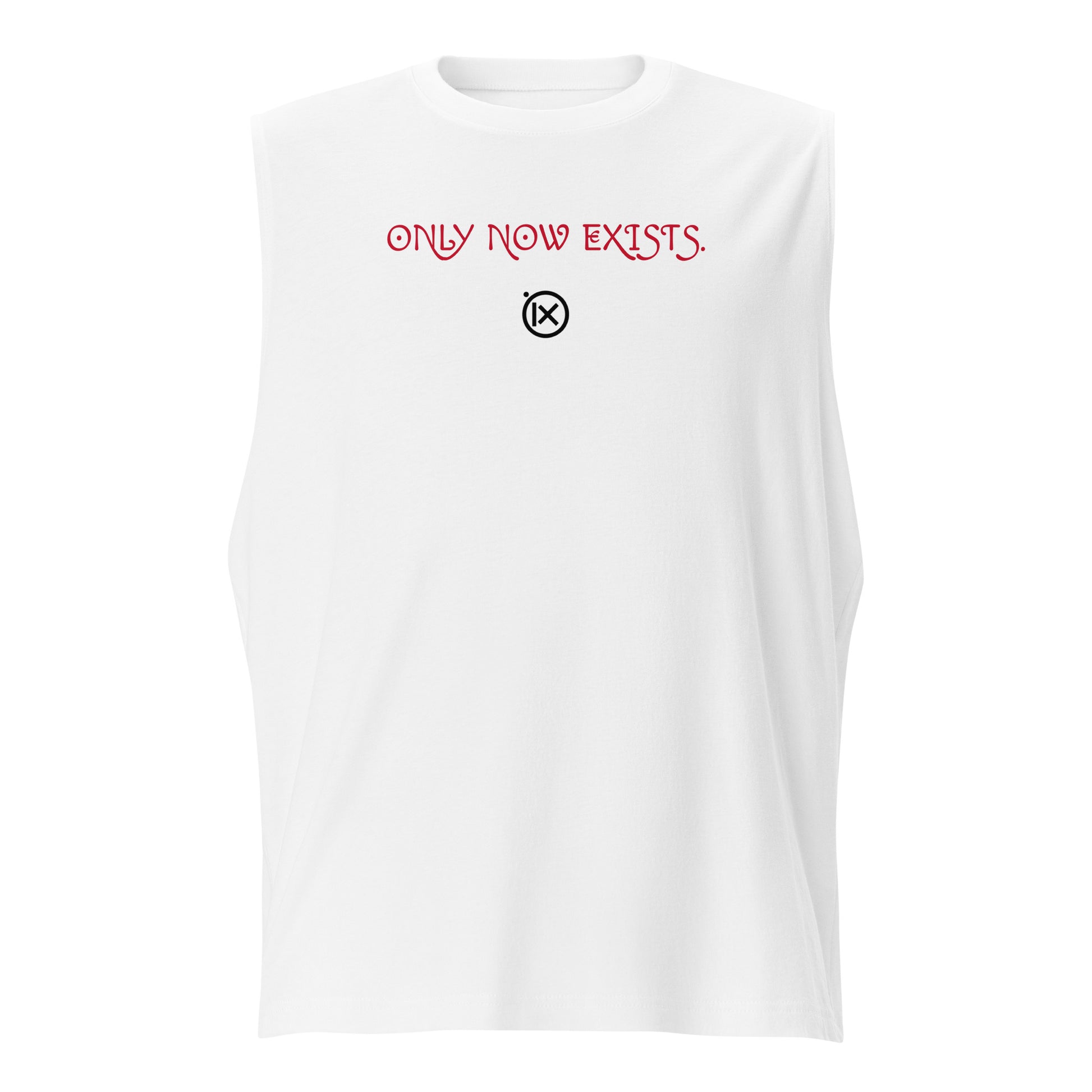 White sleeveless muscle shirt with crew neck and red front graphic