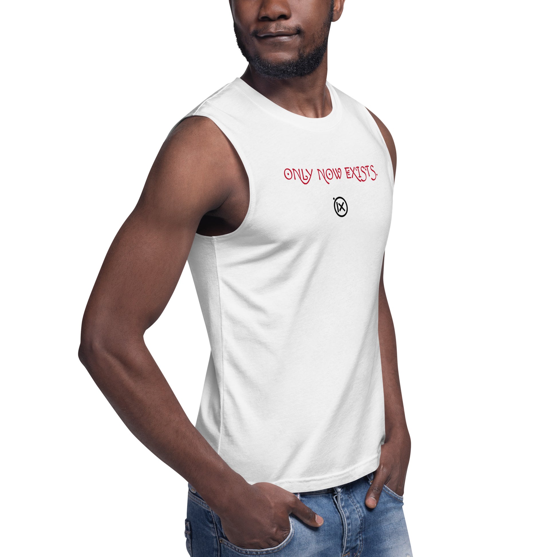 White sleeveless muscle shirt with red front slogan and crew neckline