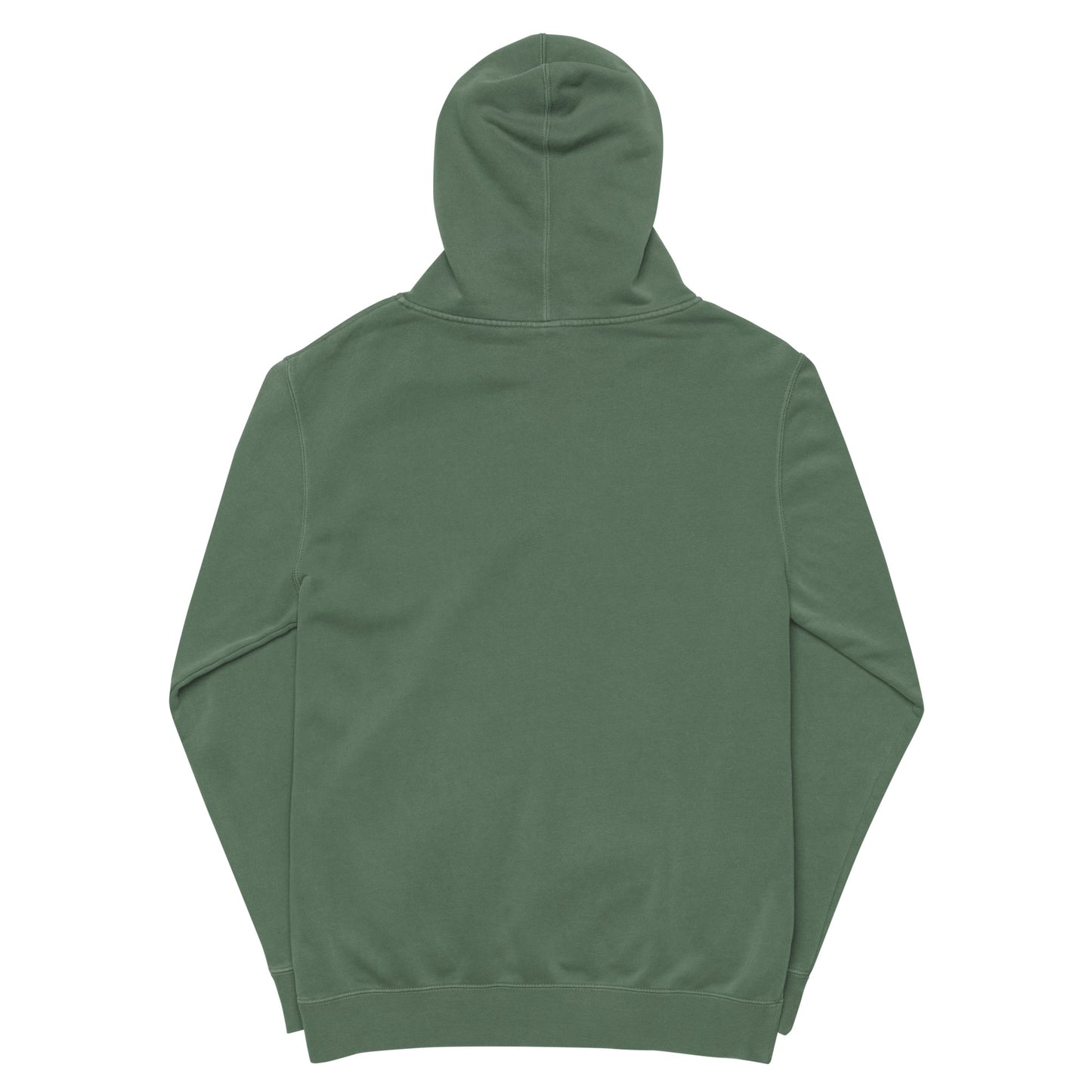 Vintage pigment hoodie, back view with hood and drawstrings. Green.